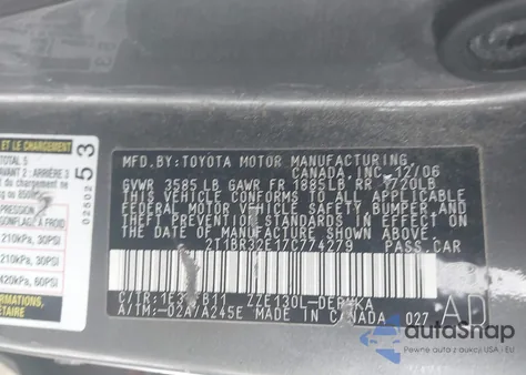 2007 Toyota Corolla Le z USA, uszkodzony, nr VIN 2T1BR32E17C774279